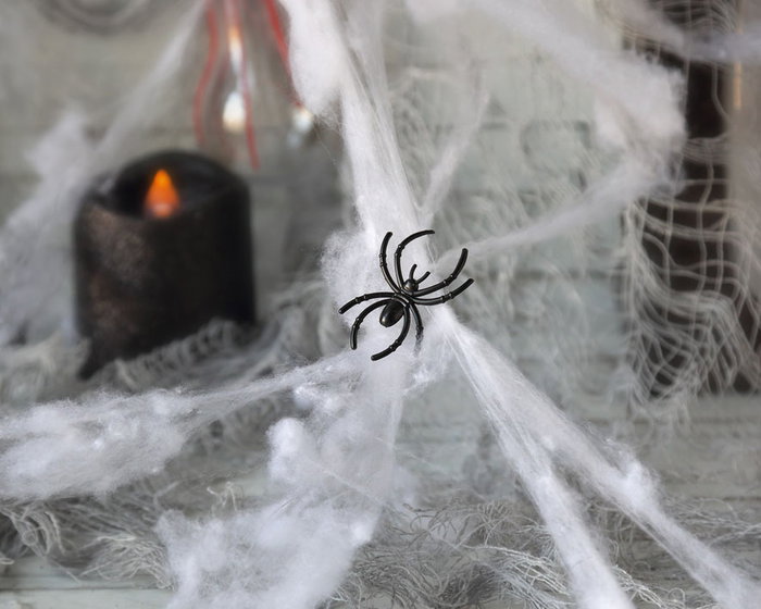 BricoDécor - Telaraña Decorativa Blanca 15*10.5 cm avec Araignée 3 g, Toile d'Araignée Blanche Souple pour Halloween, Décoration Effrayante Intérieur et Extérieur