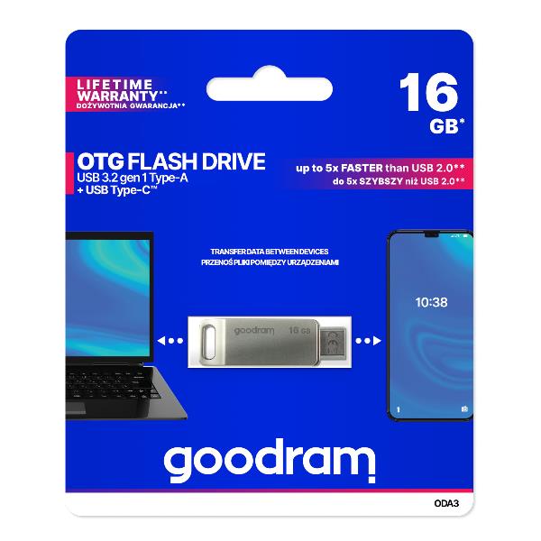 Goodram Mémoire USB 3.2 16GB ODA3 Silver Type-A/Type-C Goodram Mémoire USB 3.2 16GB ODA3 Silver Type-A/Type-C