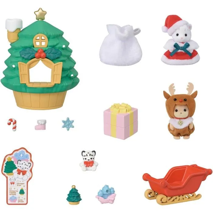 Sylvanian Families - Coffret La Maison du Père Noël - Édition Limitée avec Figurines Bébé Panthère des Neiges et Chien Caramel, Maison Sapin, Traîneau et Accessoires