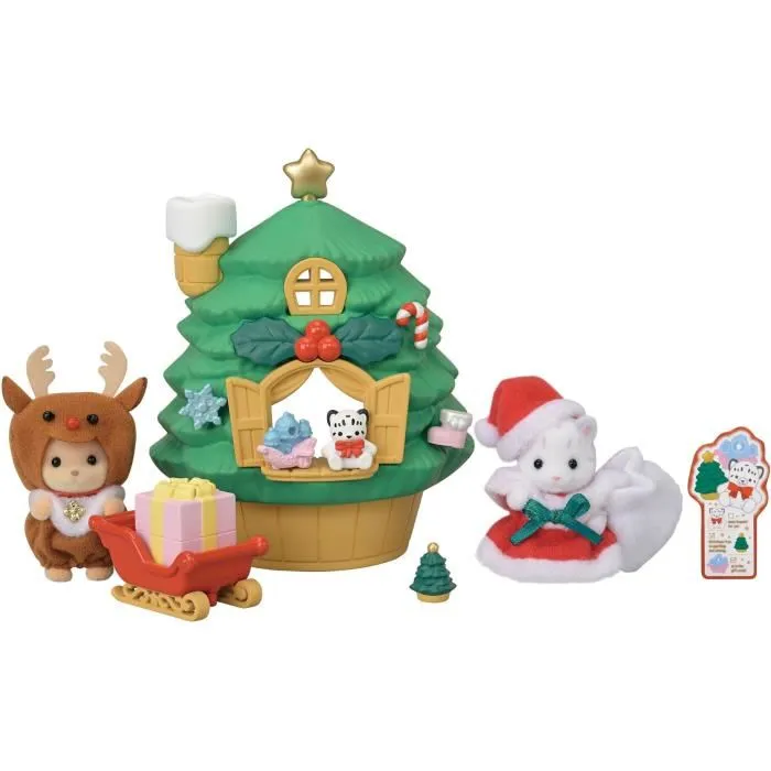 Sylvanian Families - Coffret La Maison du Père Noël - Édition Limitée avec Figurines Bébé Panthère des Neiges et Chien Caramel, Maison Sapin, Traîneau et Accessoires