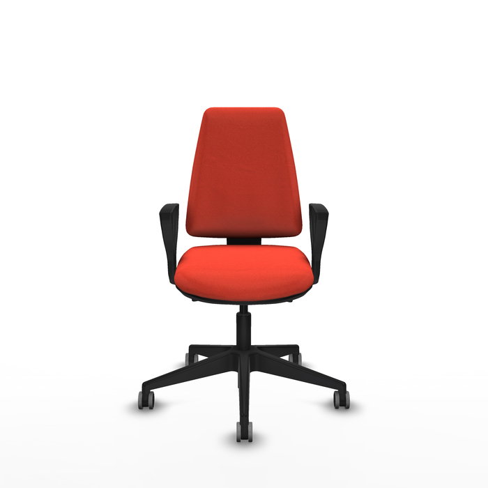 Chaise Elche Asynchrone Tissu Orange foncé Base pyramidale noire Accoudoirs fixes Sans appui-tête Roulettes 65mm pour moquette