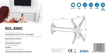 ELBE SP-1342-A Support mural articulé pour téléviseurs 13-42 pouces (33-107 cm), max. 15 kg, compatible VESA, inclinaison 10°, pivot 90°, noir