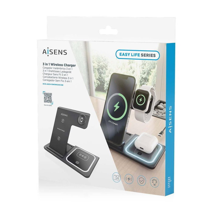 Chargeur mural Aisens ASCH-15W3WC043-BK 3-en-1 Chargeur mural Aisens ASCH-15W3WC043-BK 3-en-1