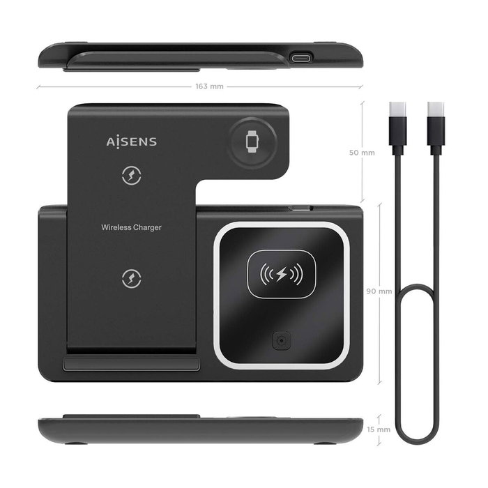 Chargeur mural Aisens ASCH-15W3WC043-BK 3-en-1 Chargeur mural Aisens ASCH-15W3WC043-BK 3-en-1