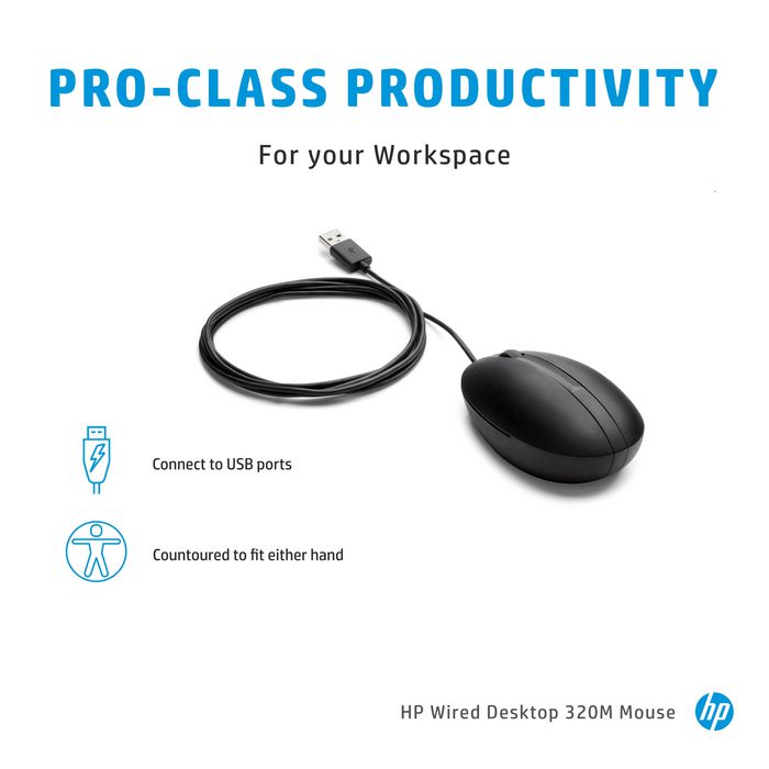 HP 320M - Souris filaire USB pour bureau et ordinateur portable, profilage ergonomique, molette, compatible désinfection HP 320M - Souris filaire USB pour bureau et ordinateur portable, profilage ergonomique, molette, compatible désinfection