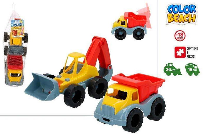 Color Baby - Ensemble de jouets de plage avec camion et pelleteuse en plastique, 18 cm et 26 cm, pour enfants de 18 mois et plus Color Baby - Ensemble de jouets de plage avec camion et pelleteuse en plastique, 18 cm et 26 cm, pour enfants de 18 mois et plus