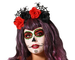 Atosa Diadème de Fleurs Rouges et Noires avec Toile d'Araignée pour Catrina