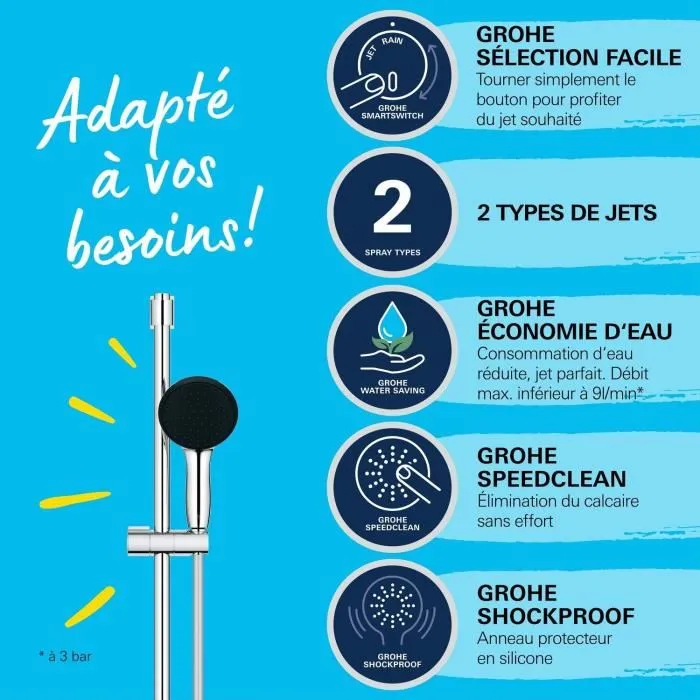GROHE Vitalio Start 110 26954001 - Ensemble de douche avec pommeau 2 jets, barre réglable 90cm et flexible 1,75m - Économie d'eau - Chromé