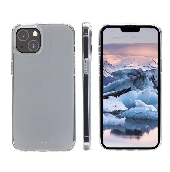 dbramante1928 Coque transparente de protection recyclée pour iPhone 14 Plus, 100% plastique recyclé, compatible charge sans fil, anti-dérapage et anti-jaunissement