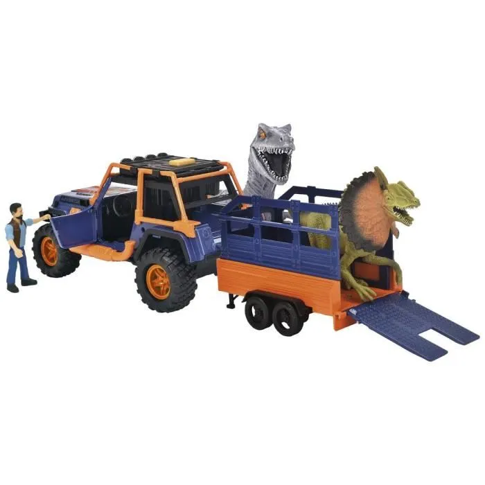 Dickie Playlife Commandant de Dinosaures - Coffret Jouet 3+ Ans avec Jeep Wrangler, Remorque, Son et Lumière, Figurine Articulée et 2 Dinosaures