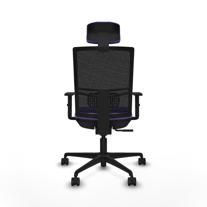 Chaise Yunquera Synchro 4 positions tissu Violet Maille Noir Base en nylon noir Accoudoir 1D Appui-tête 1D Roulettes 65mm nylon