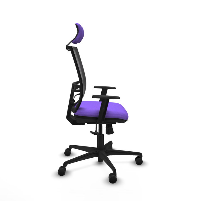 Chaise Yunquera Synchro 4 positions tissu Violet Maille Noir Base en nylon noir Accoudoir 1D Appui-tête 1D Roulettes 65mm nylon
