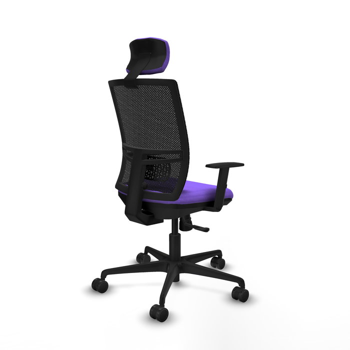 Chaise Yunquera Synchro 4 positions tissu Violet Maille Noir Base en nylon noir Accoudoir 1D Appui-tête 1D Roulettes 65mm nylon