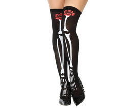Collants noirs avec os et roses rouges pour femme