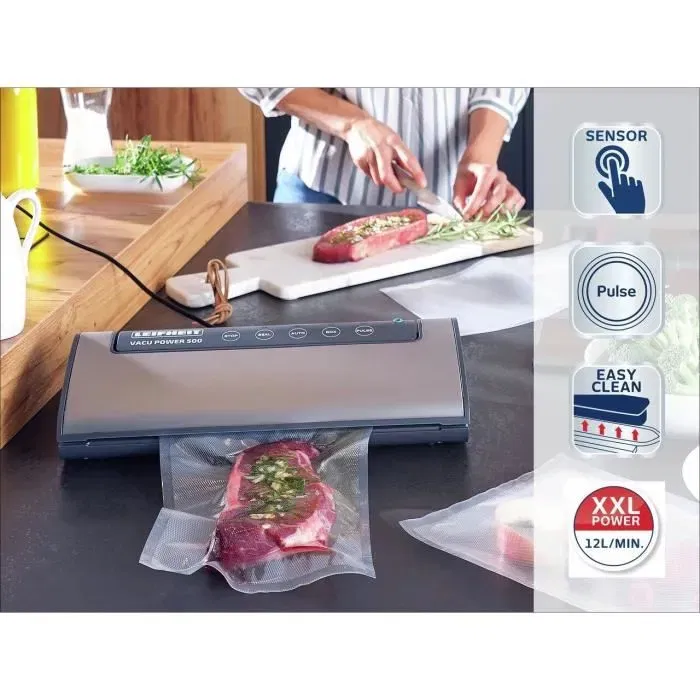Leifheit 3236 - Machine de mise sous vide alimentaire Vacu Power 500 avec 10 sacs - Écran tactile, chambre amovible, réglage puissance - Gris