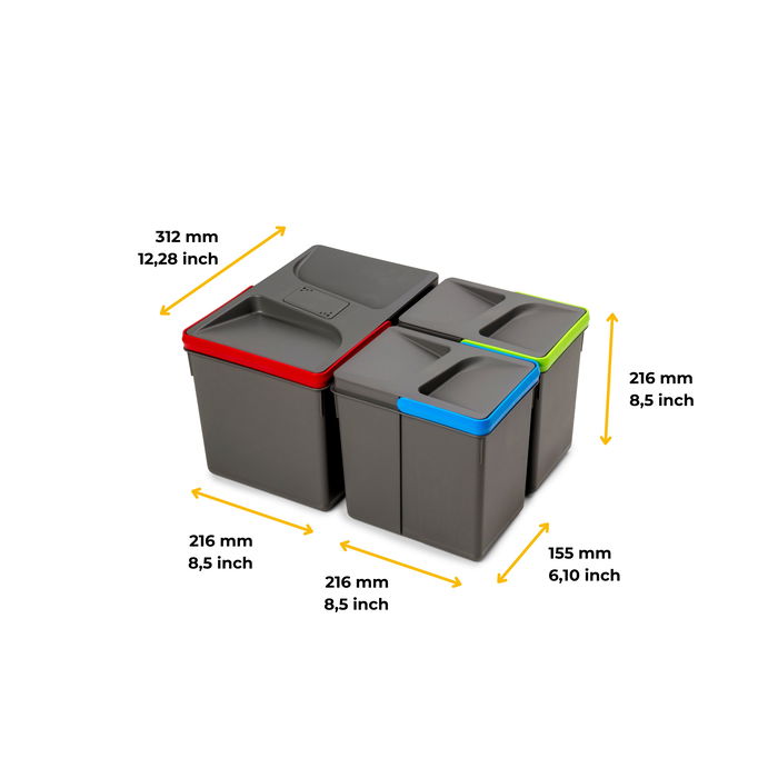 Emuca Poubelles pour tiroir de cuisine Recycle avec couvercle anti-odeurs, Hauteur 216mm, 1x12litres, 2x6litres, Plastique gris anthracite