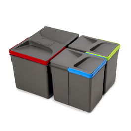 Emuca Poubelles pour tiroir de cuisine Recycle avec couvercle anti-odeurs, Hauteur 216mm, 1x12litres, 2x6litres, Plastique gris anthracite