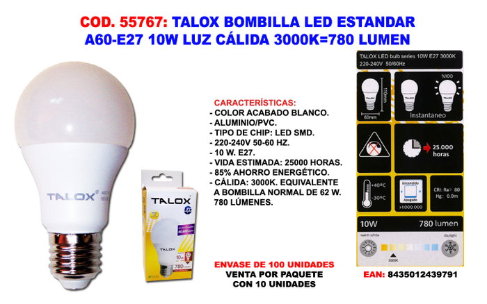 TALOX Bombilla LED Estándar A60-E27 10W Luz Cálida 3000K 780 Lumen TALOX Bombilla LED Estándar A60-E27 10W Luz Cálida 3000K 780 Lumen