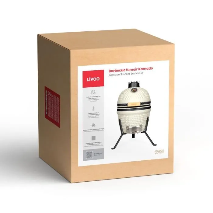 Livoo DOC330 Barbecue fumoir Kamado céramique grille 27 cm - Beige et noir