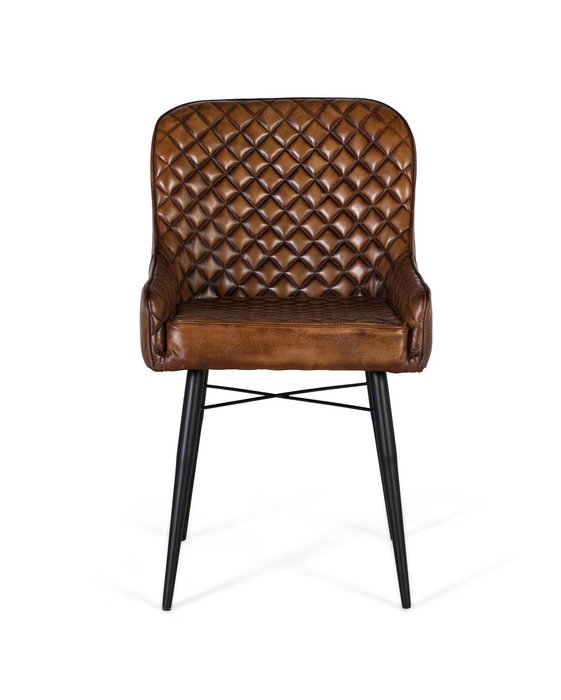 GINER Y COLOMER - Fauteuil design en cuir marron vieilli, dossier capitonné, structure en fer noir - 87x62x51 cm