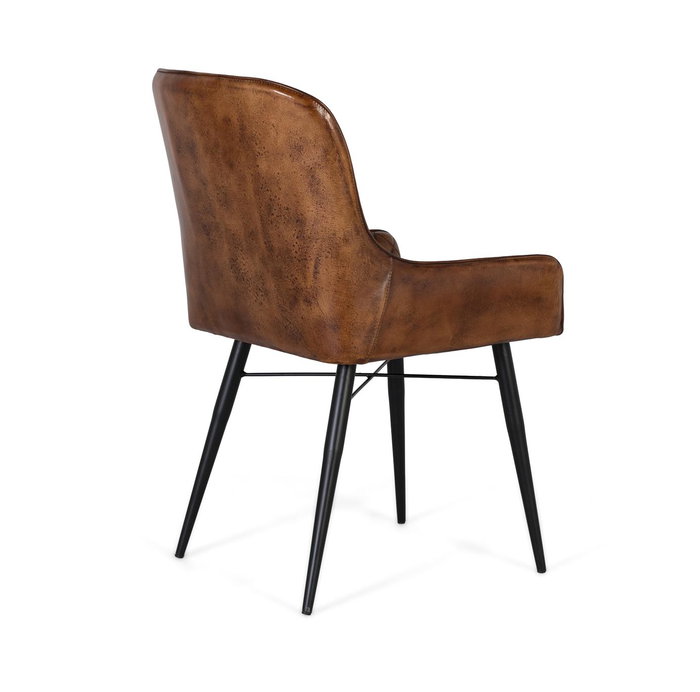 GINER Y COLOMER - Fauteuil design en cuir marron vieilli, dossier capitonné, structure en fer noir - 87x62x51 cm