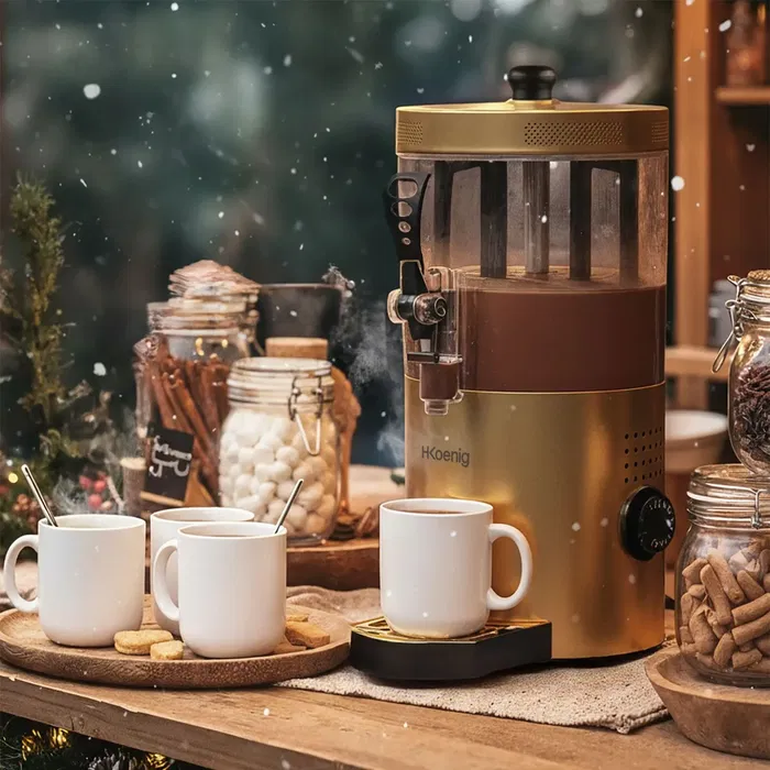H.KoeNIG SHK804 Distributeur à Chocolat Chaud 1200 W 3 L Doré, Chauffage Thermostat Réglable Robinet Anti-gouttes, pour Lait, Thé ou Vin Chaud