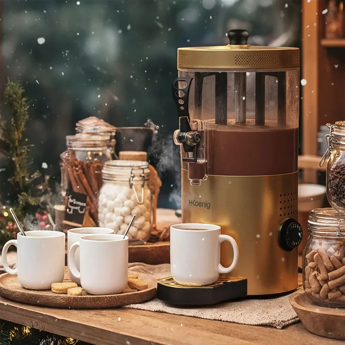 H.KoeNIG SHK804 Distributeur à Chocolat Chaud 1200 W 3 L Doré, Chauffage Thermostat Réglable Robinet Anti-gouttes, pour Lait, Thé ou Vin Chaud