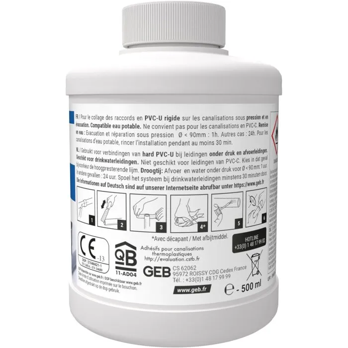 GEB Colle PVC Gel Plus 500 ml - Pour raccords PVC rigide pression et évacuation d'eau potable GEB Colle PVC Gel Plus 500 ml - Pour raccords PVC rigide pression et évacuation d'eau potable