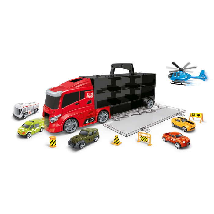 Tachan - Camion porte-voitures de services spéciaux avec cabine européenne - 5 voitures, avion et 4 panneaux - Version multilingue (FR, EN, DE, IT, PT, ES) - Jouet dès 3 ans