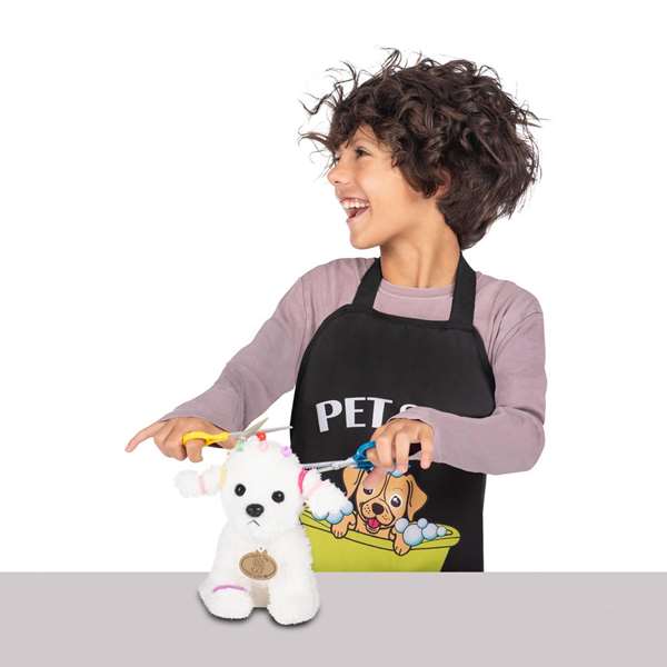My Other Me Déguisement 'Je Veux Être' Coiffeuse/Coiffeur Canine - Tablier, Chien en Peluche, 5 Mini Pinces, 5 Élastiques, Peigne et Ciseaux - Taille 3-5 Ans