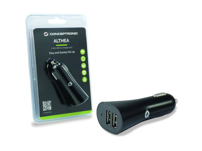 Conceptronic CUSBCAR4A Chargeur Voiture 2 Ports USB 2.4A Noir