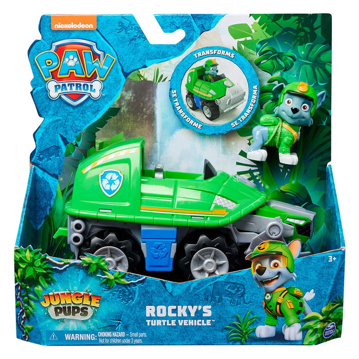 Spin Master Paw Patrol Véhicule Jungle Rocky 6067763 - Figurine articulée de tortue avec casque, jouet de mission de sauvetage pour enfants 3 ans et plus