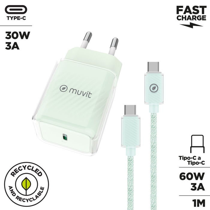 Chargeur Mural + Câble USB-C Muvit for Change Glass GaN Vert