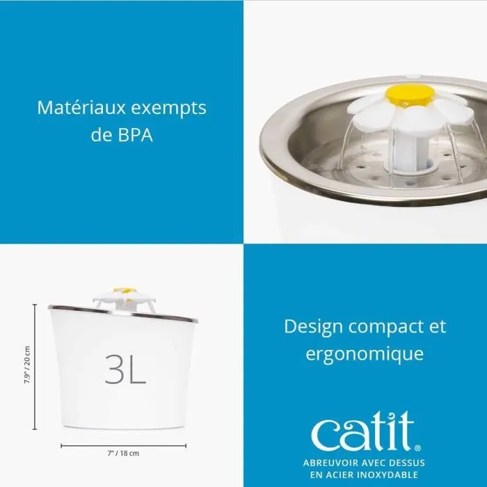 Catit Flower - Fontaine à eau pour chat, 3 L, dessus en acier inoxydable, avec LED, trois réglages de débit, filtre triple action, blanc