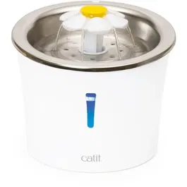 Catit Flower - Fontaine à eau pour chat, 3 L, dessus en acier inoxydable, avec LED, trois réglages de débit, filtre triple action, blanc