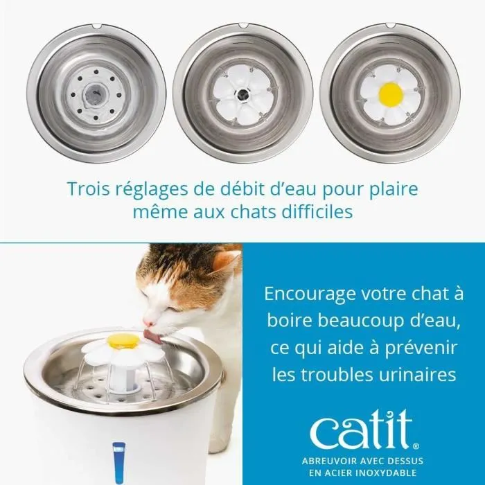 Catit Flower - Fontaine à eau pour chat, 3 L, dessus en acier inoxydable, avec LED, trois réglages de débit, filtre triple action, blanc