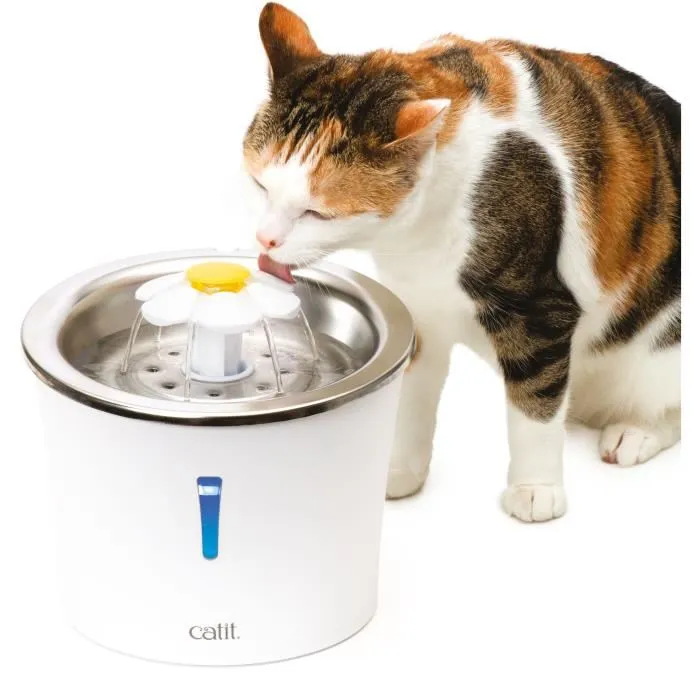 Catit Flower - Fontaine à eau pour chat, 3 L, dessus en acier inoxydable, avec LED, trois réglages de débit, filtre triple action, blanc