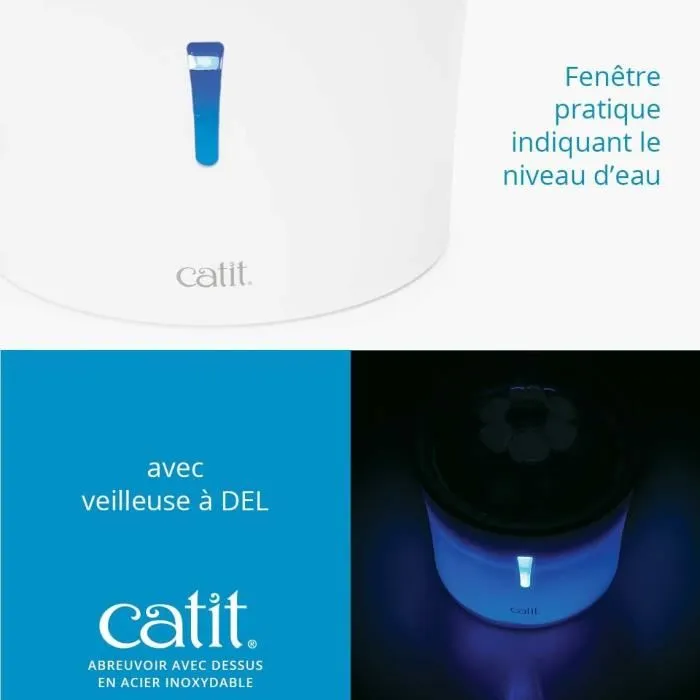 Catit Flower - Fontaine à eau pour chat, 3 L, dessus en acier inoxydable, avec LED, trois réglages de débit, filtre triple action, blanc