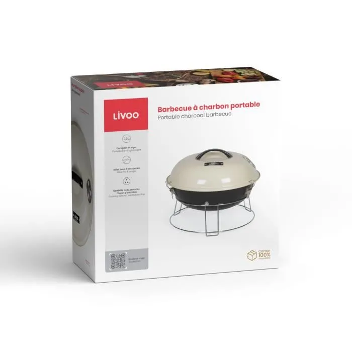 Livoo - Barbecue portable à charbon DOC301, diamètre 34 cm, grille chromée, hauteur 18 cm avec poignées et loquets de sécurité