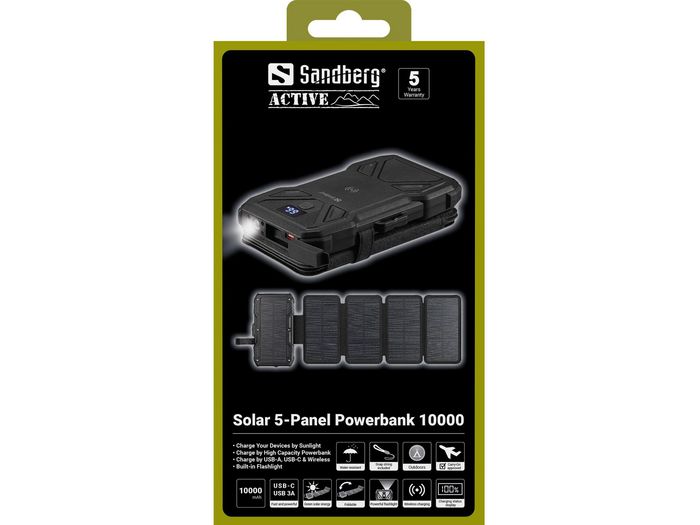 Sandberg Solar 5-Panel Powerbank 10000 - Batterie Externe 10000 mAh avec Panneau Solaire Pliable, Charge USB-A/USB-C et Sans Fil, Torche Intégrée