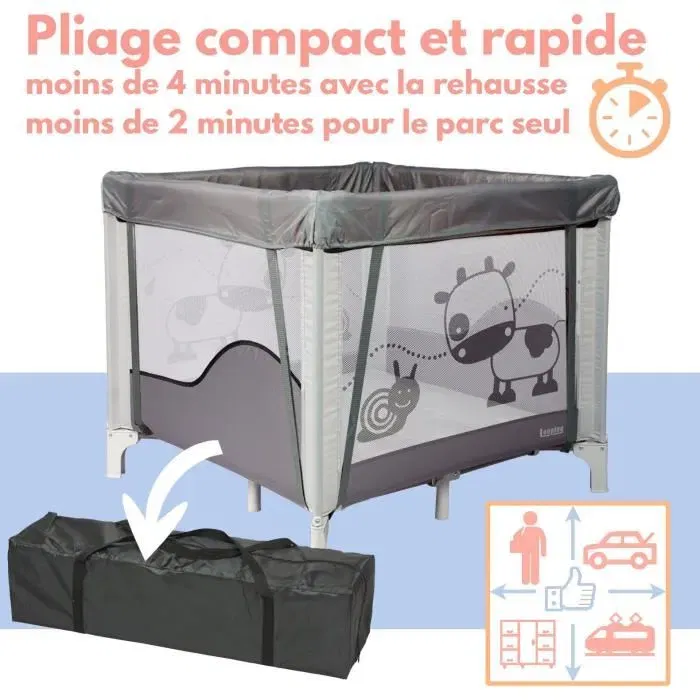 Bambisol Parc bébé pliant 90x90 cm avec 2 niveaux de couchage, espace de jeux et sac de transport - Sécurité enfant 0-36 mois
