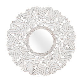 GINER Y COLOMER Miroir Rond Sculpté à la Main 120 cm de Diamètre en MDF avec Finition Patine Blanche - Décoration Murale Élégante