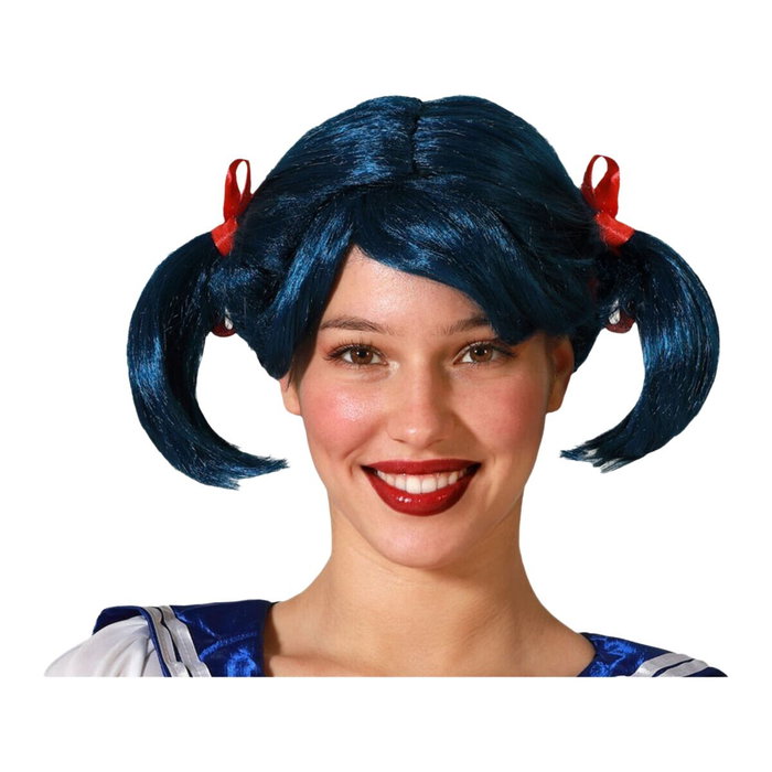 BigBuy Carnival Perruque Bleue avec Couettes et Nœuds Rouges