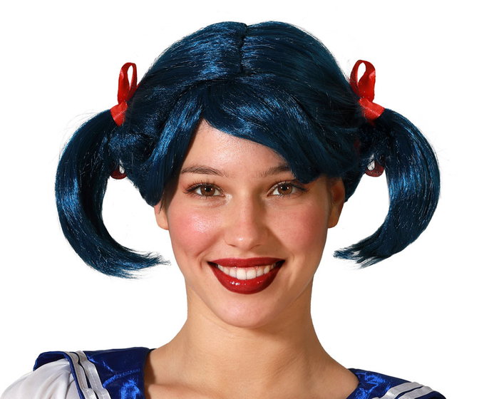 Peluca Coletas et Lazos Pour Cosplay et Fêtes - Modèle Bleu avec Rubans Rouges, Courts Peluca Coletas et Lazos Pour Cosplay et Fêtes - Modèle Bleu avec Rubans Rouges, Courts