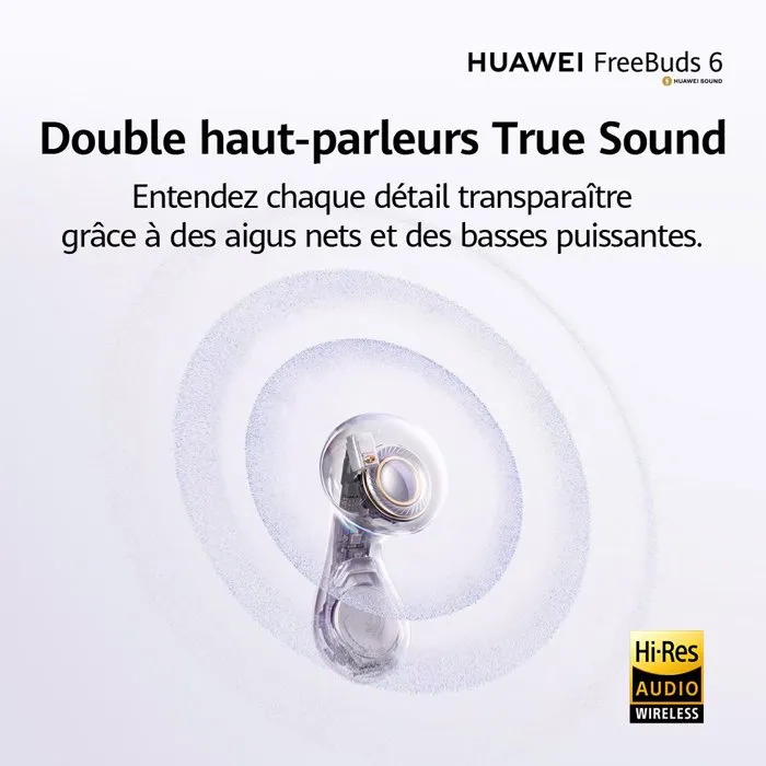 Huawei Freebuds 6 - Écouteurs sans fil Bluetooth avec réduction de bruit active - Son équilibré - Autonomie longue - Blanc