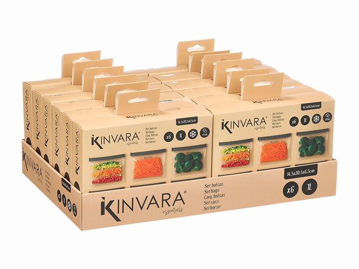 Kinvara Set de 6 sacs PEVA 1000 ml - 21 x 21 x 5 cm - Noir, Transparent, Gris (Set de 24)