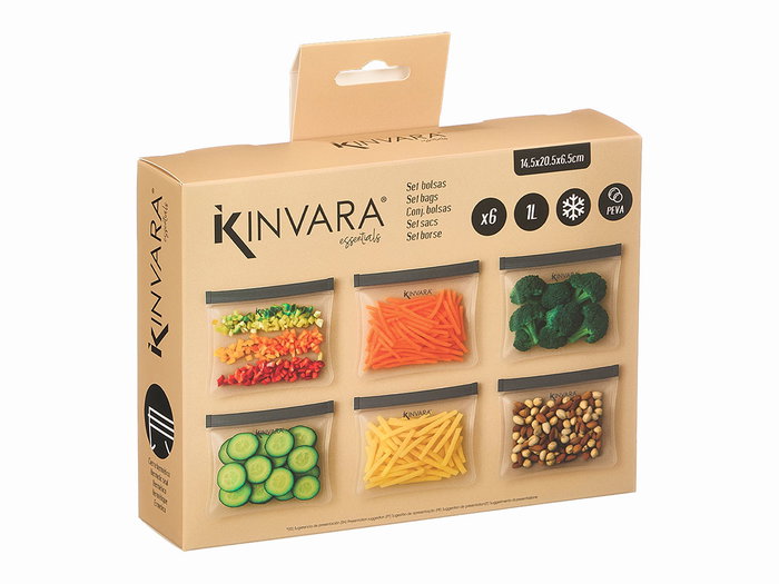Kinvara Set de 6 sacs PEVA 1000 ml - 21 x 21 x 5 cm - Noir, Transparent, Gris (Set de 24)