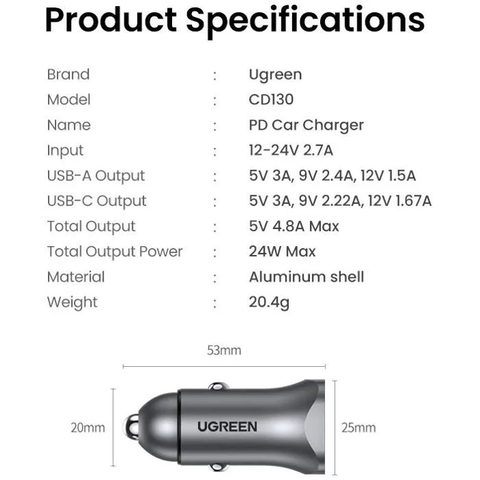 Ugreen Chargeur Voiture 30W, 2 Ports USB (USB-C et USB-A) pour Recharge Rapide, Protection Surcharge/Short-Circuit/Surchauffe, Design Compact Gris Ugreen Chargeur Voiture 30W, 2 Ports USB (USB-C et USB-A) pour Recharge Rapide, Protection Surcharge/Short-Circuit/Surchauffe, Design Compact Gris