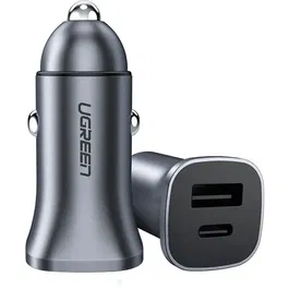 Ugreen Chargeur Voiture 30W, 2 Ports USB (USB-C et USB-A) pour Recharge Rapide, Protection Surcharge/Short-Circuit/Surchauffe, Design Compact Gris