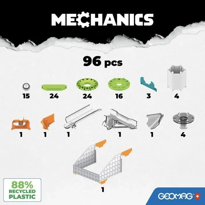 Geomag - Coffret de construction mécanique Challenge Goal! 96 pièces magnétiques - Jeu éducatif STEM interactif pour enfants 7-14 ans - En plastique recyclé